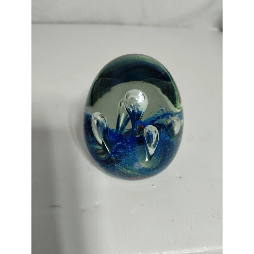 Blue Egg Shape Art Glass Paperweight Controlled Bubbles Design‎ Handcrafted